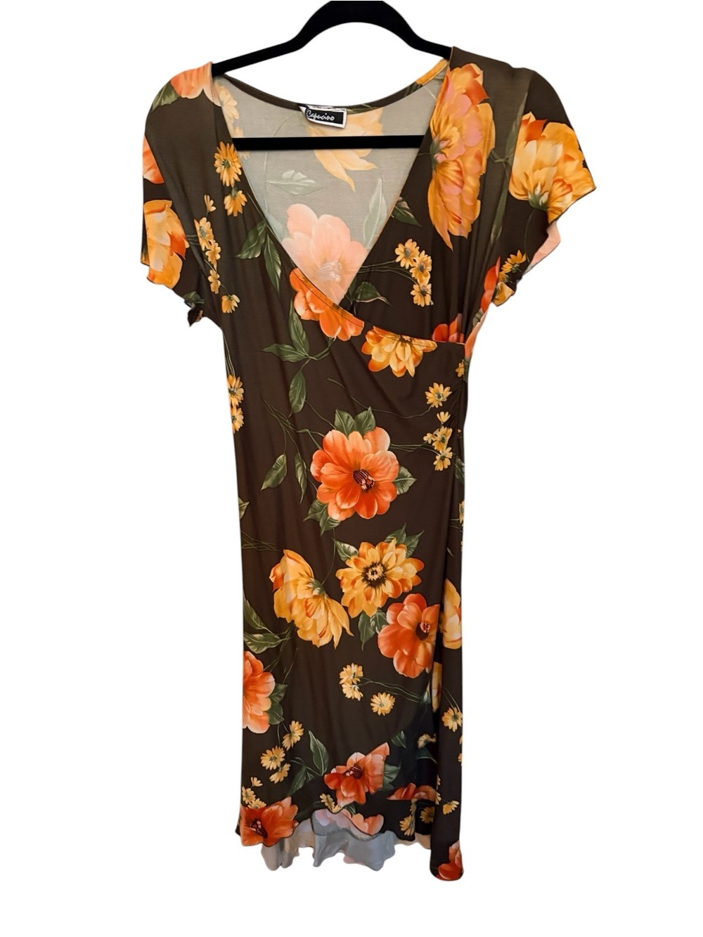 Green Floral V-Neck Midi Dress with Orange Blooms